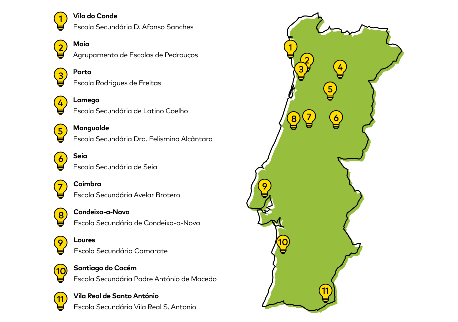 Mapa de Portugal com as localizações das escolas em que há o curso de técnico de redes elétricas apoiado pela E-REDES.